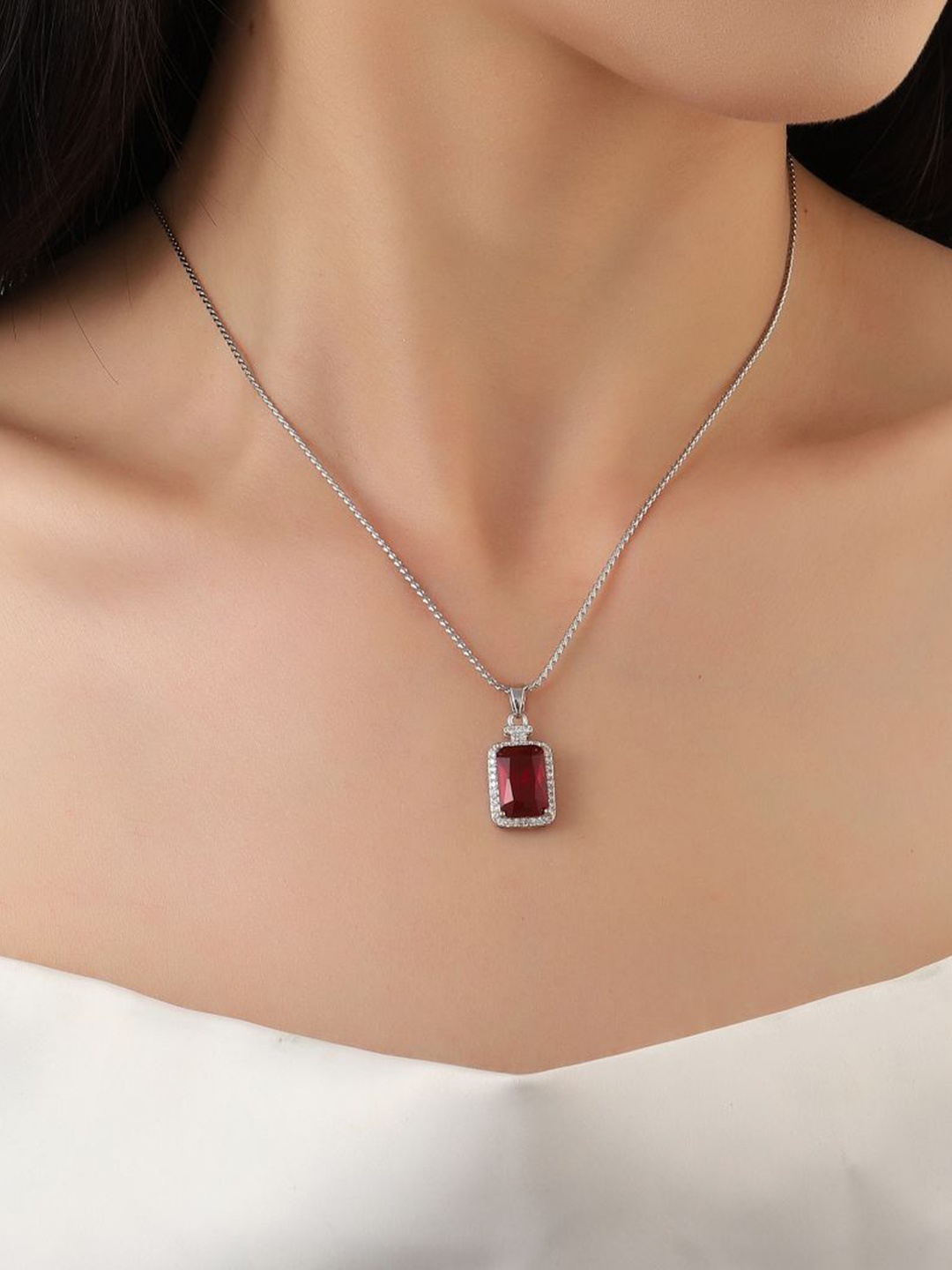 

SALTY Stainless Steel Gem Stone-Studded Square-Shaped Pendant With Chain, Silver