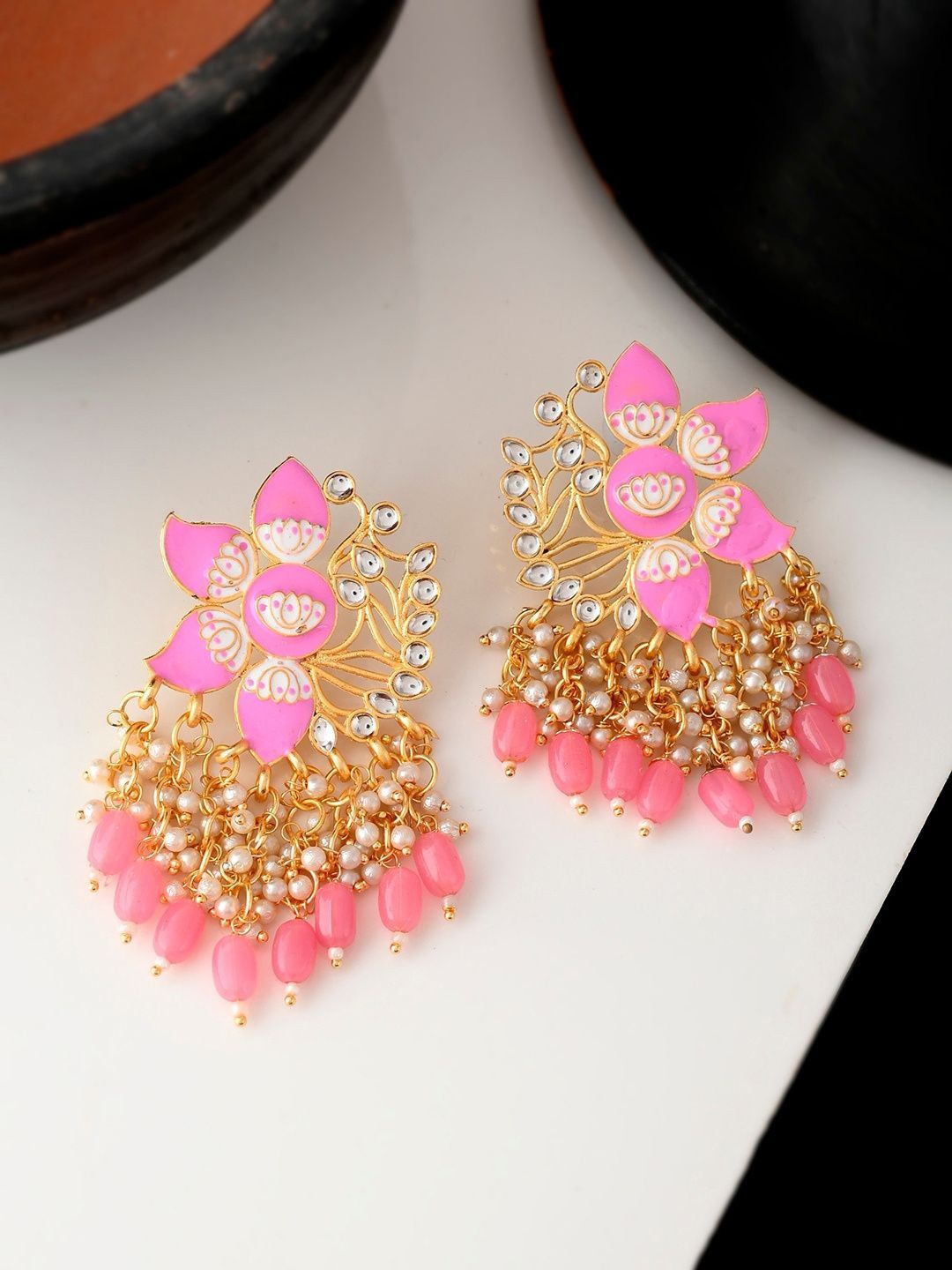 

Anouk Gold Plated Kundan Studded & Beaded Floral Meenakari Drop Earrings