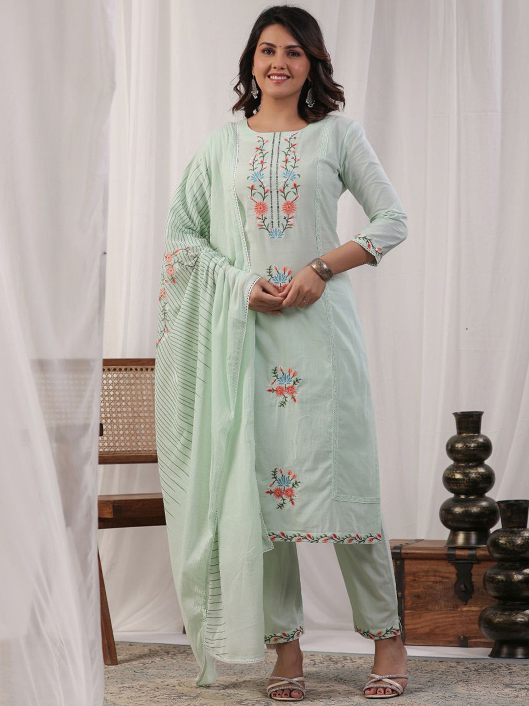 

KALINI Floral Embroidered Thread Work Pure Cotton Straight Kurta With Trousers & Dupatta, Green