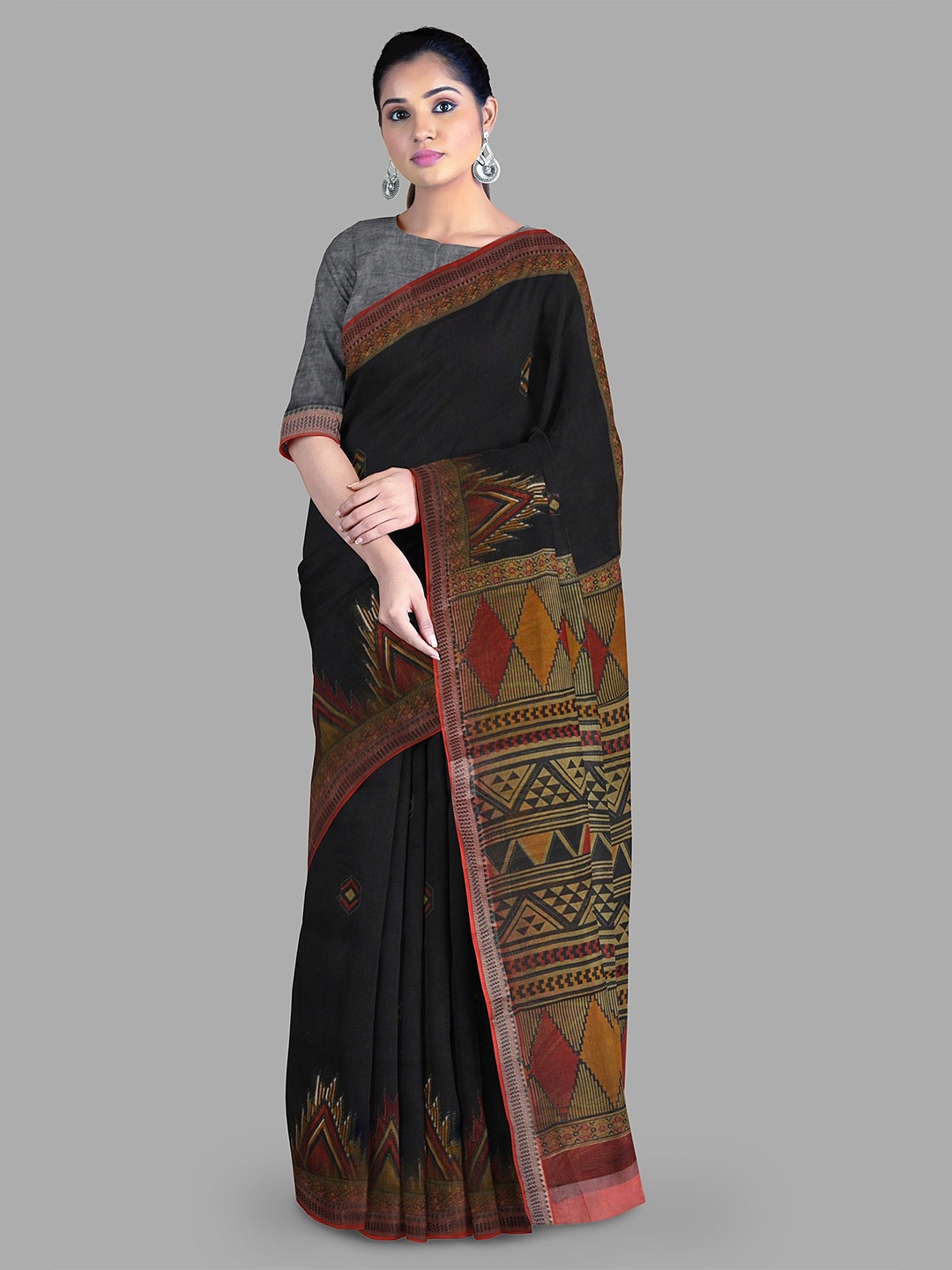 

The Chennai Silks Zari Pure Cotton Gadwal Saree, Black