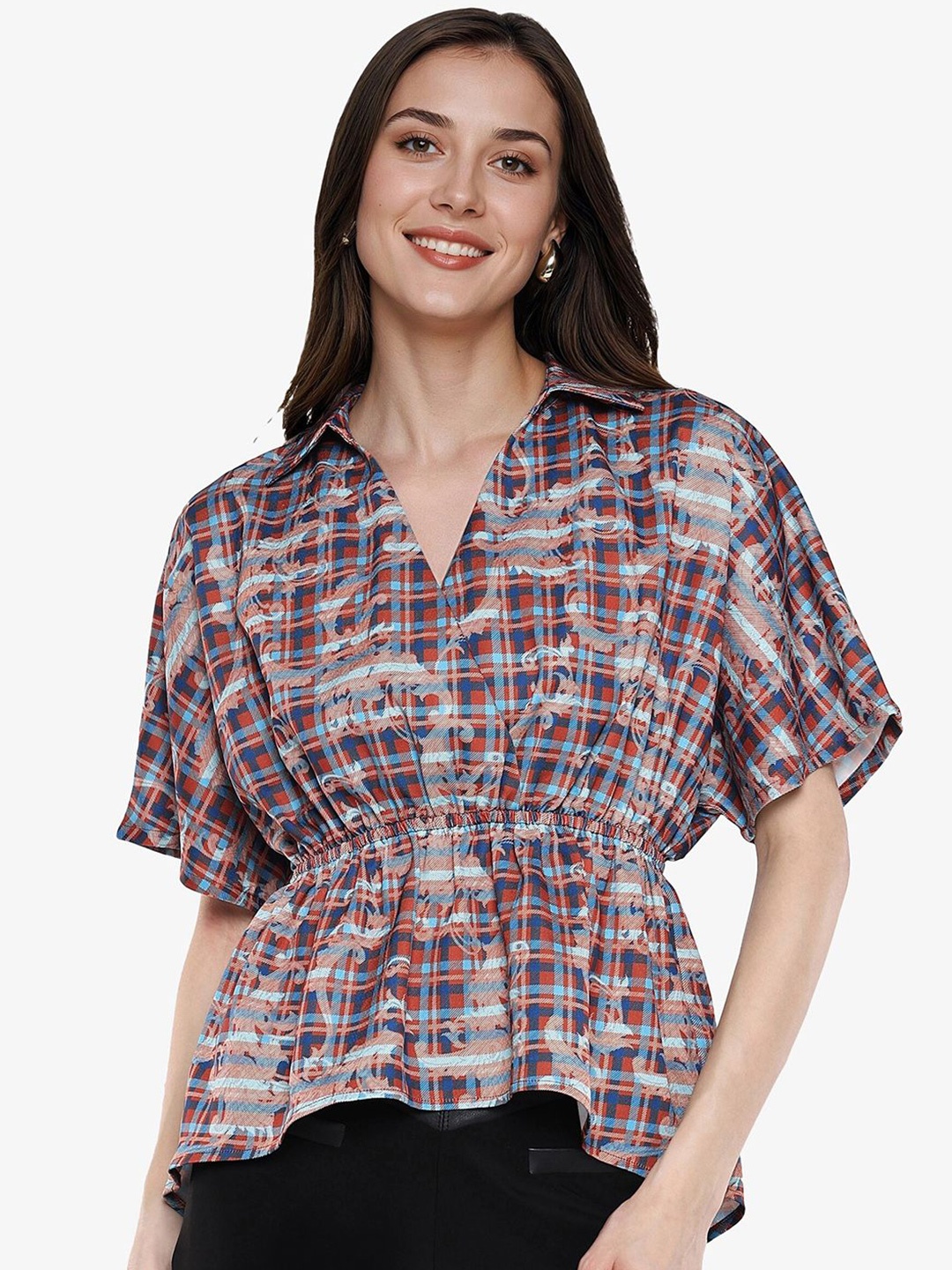 

Rareism Plus Size Women Checked Shirt Collar Top, Multi