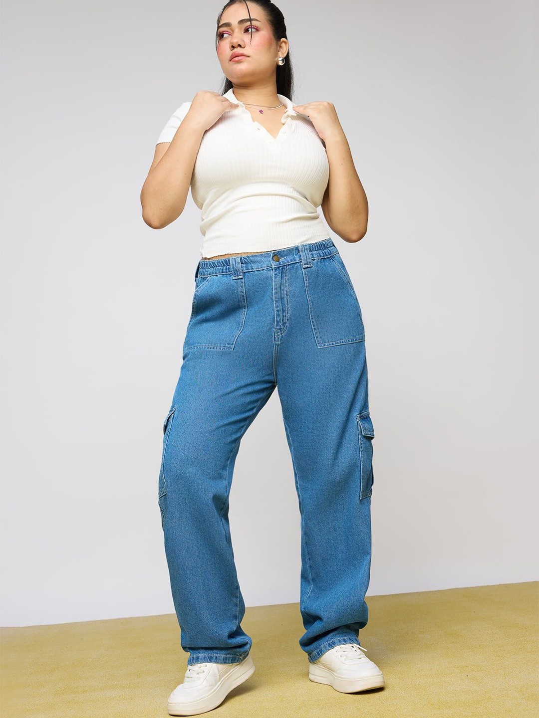 

FREAKINS Women Straight Fit High-Rise Light Fade Cotton Cargo Styles Jeans, Blue
