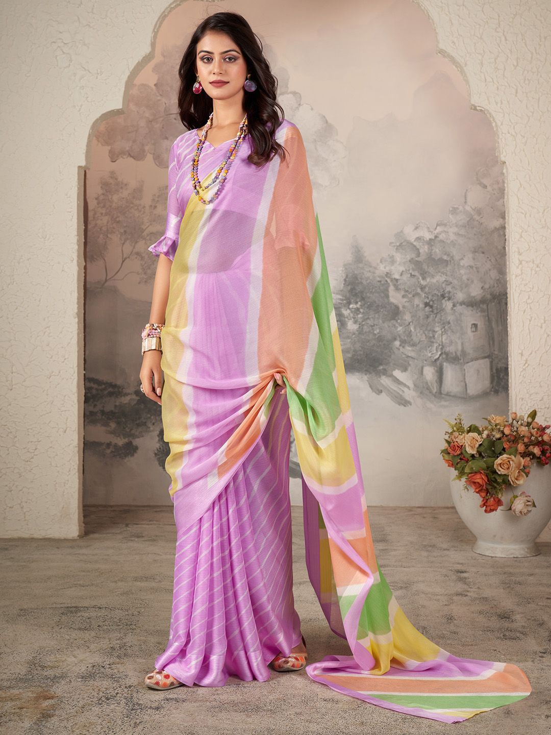 

Mitera Women Leheriya striped Saree With Blouse Piece, Mauve