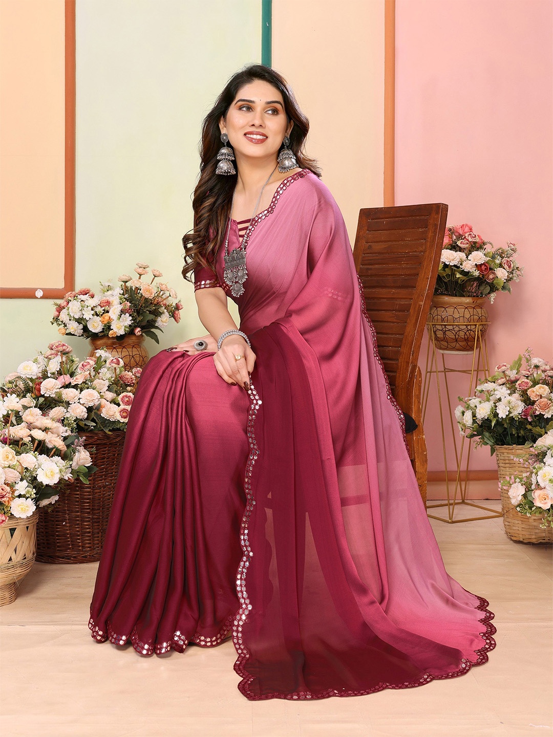 

Ambuja International Ombre Mirror Work Pure Silk Saree, Maroon