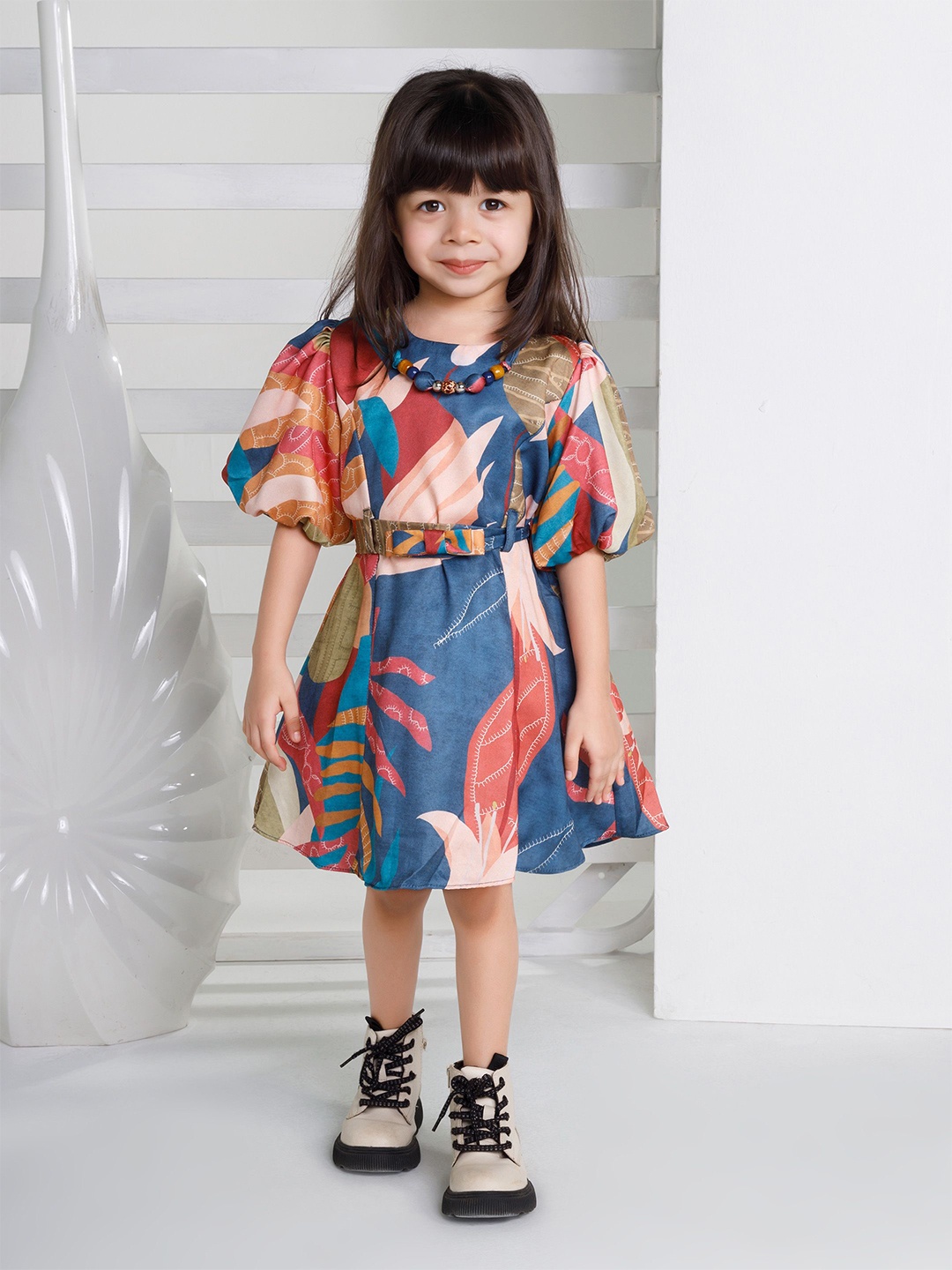 

Peppermint Printed Puff Sleeves Fit and Flare Dress, Multi
