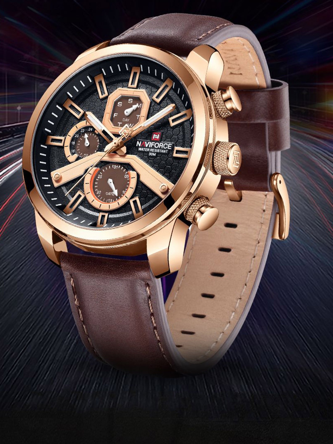 

Naviforce Men Brass Dial & Leather Straps Analogue Chronograph Watch NF9211L RGBD.BN, Brown