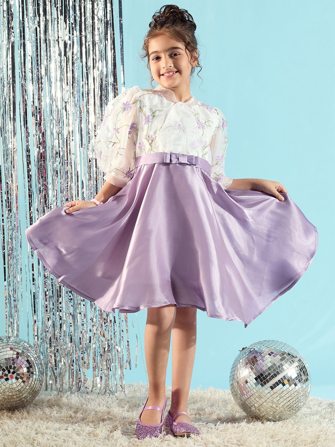

Peppermint Amazing Autumn Girls Puff Sleeve Embroidered Fit & Flare Dress, Purple