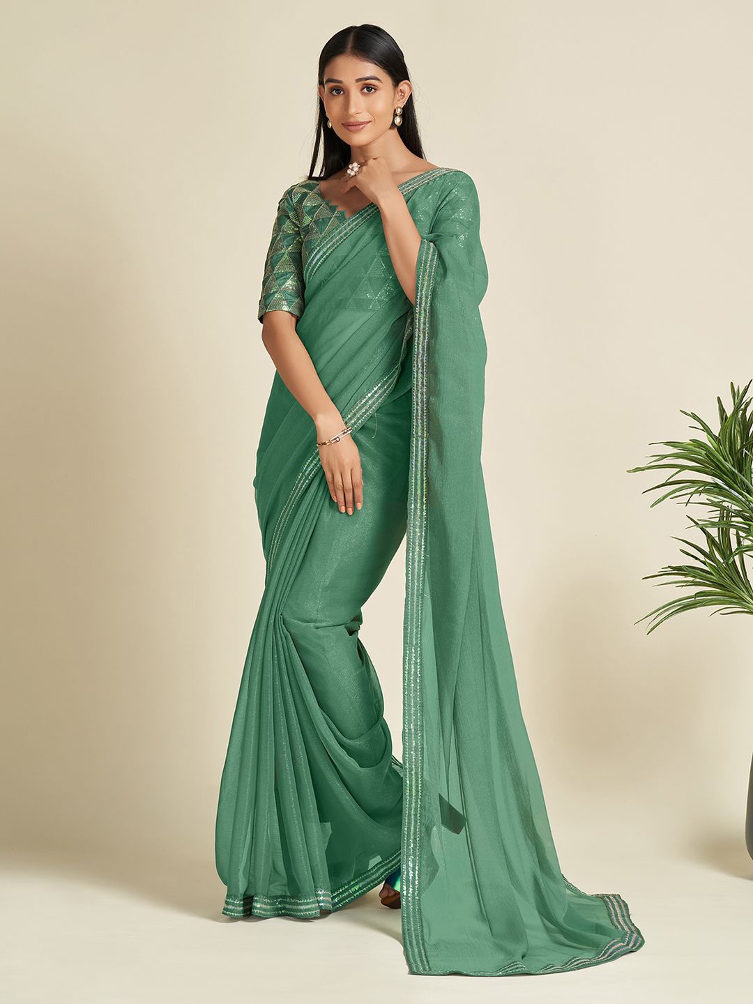 

KALINI Sequinned Embellished Celebrity Saree, Sea green