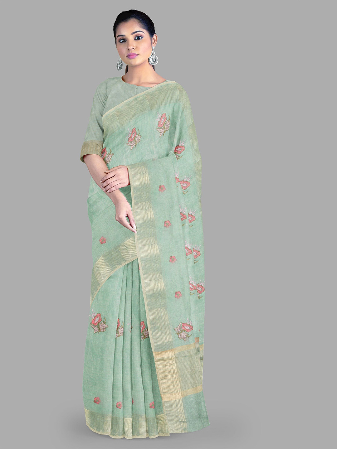 

The Chennai Silks Floral Zari Pure Cotton Chanderi Saree, Green