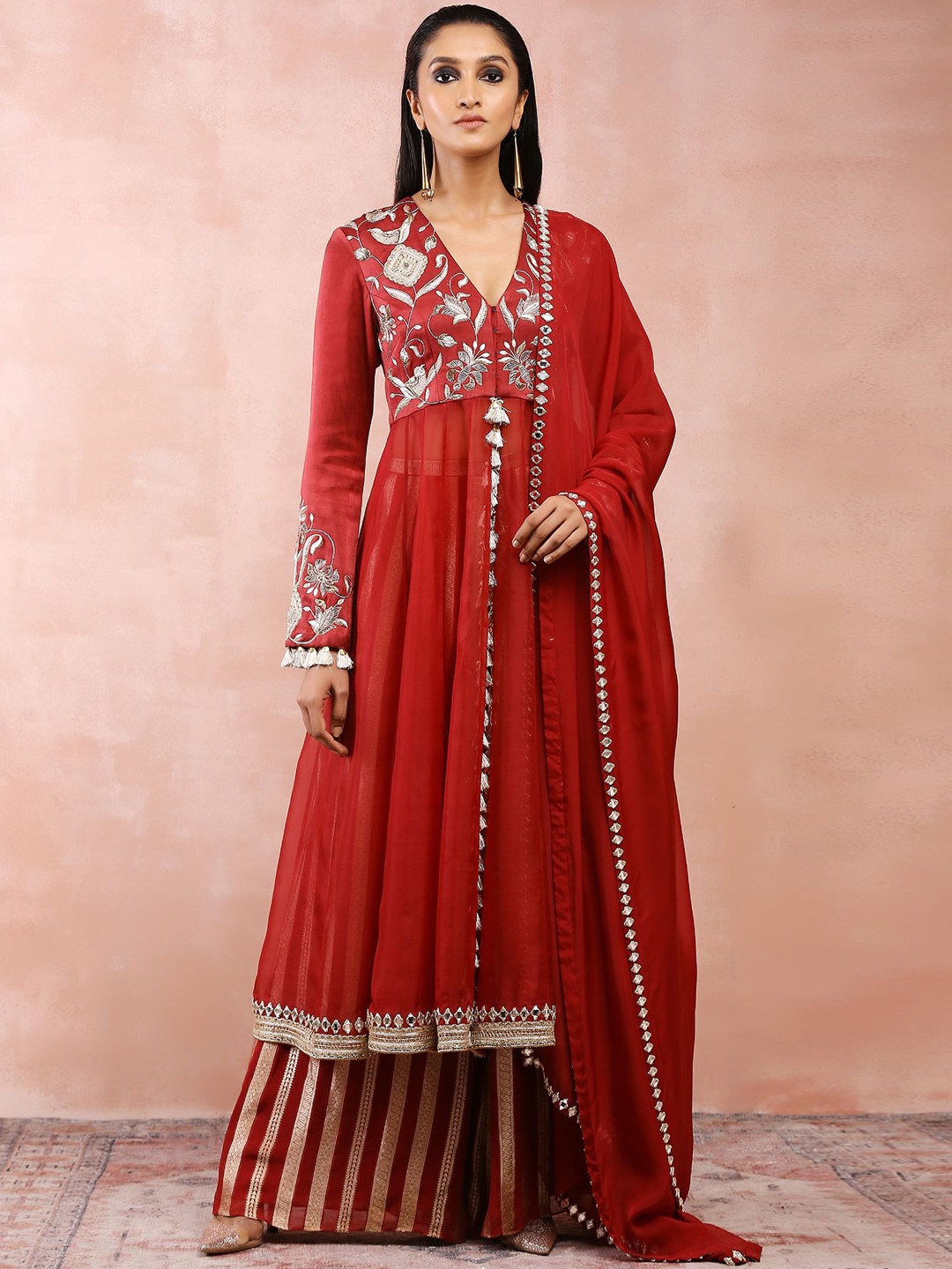 

Payal Singhal Floral Embroidered Empire Gotta Patti Anarkali Kurta With Palazzos & Dupatta, Maroon