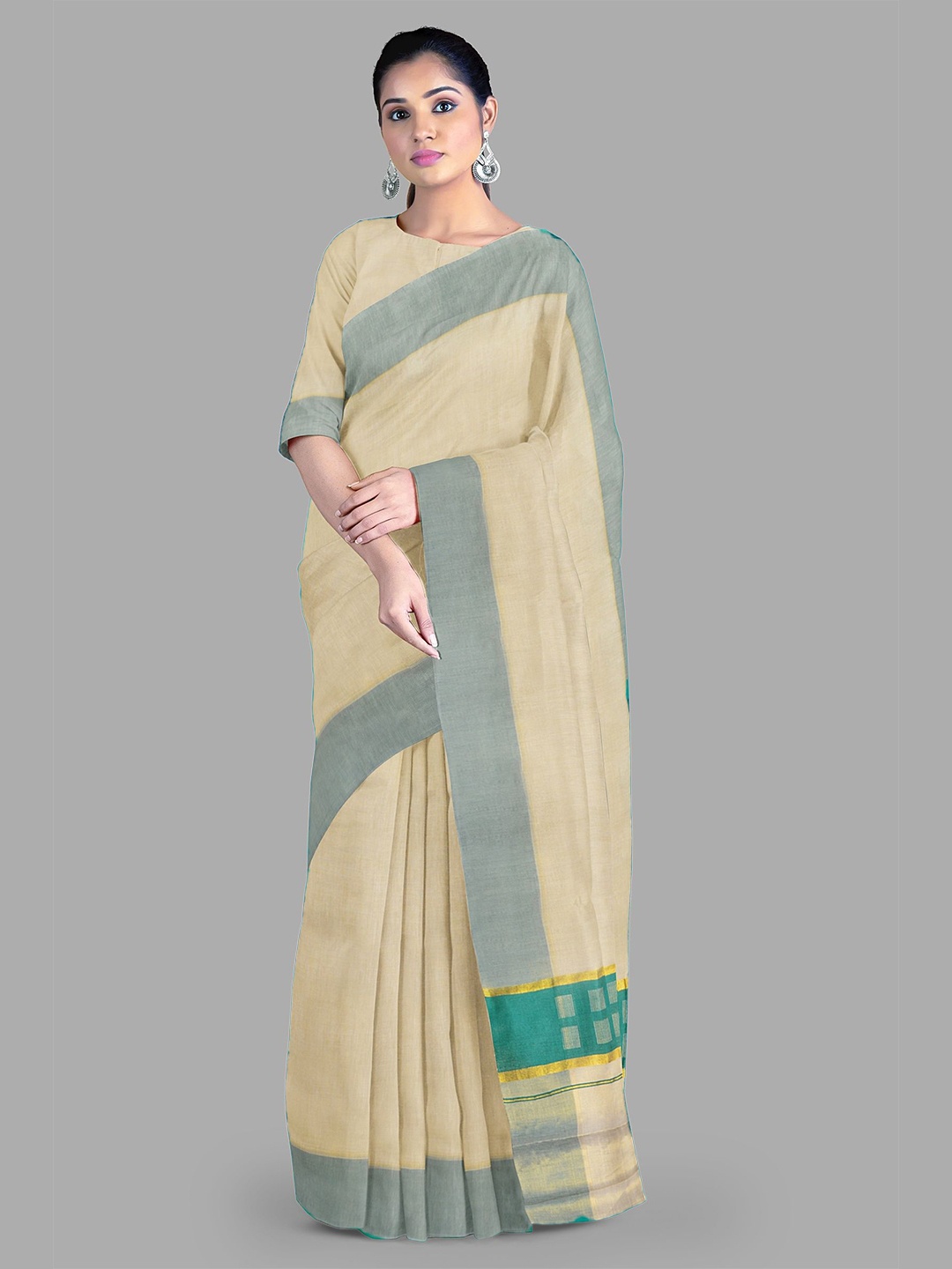 

The Chennai Silks Solid Pure Cotton Kasavu Saree, Off white