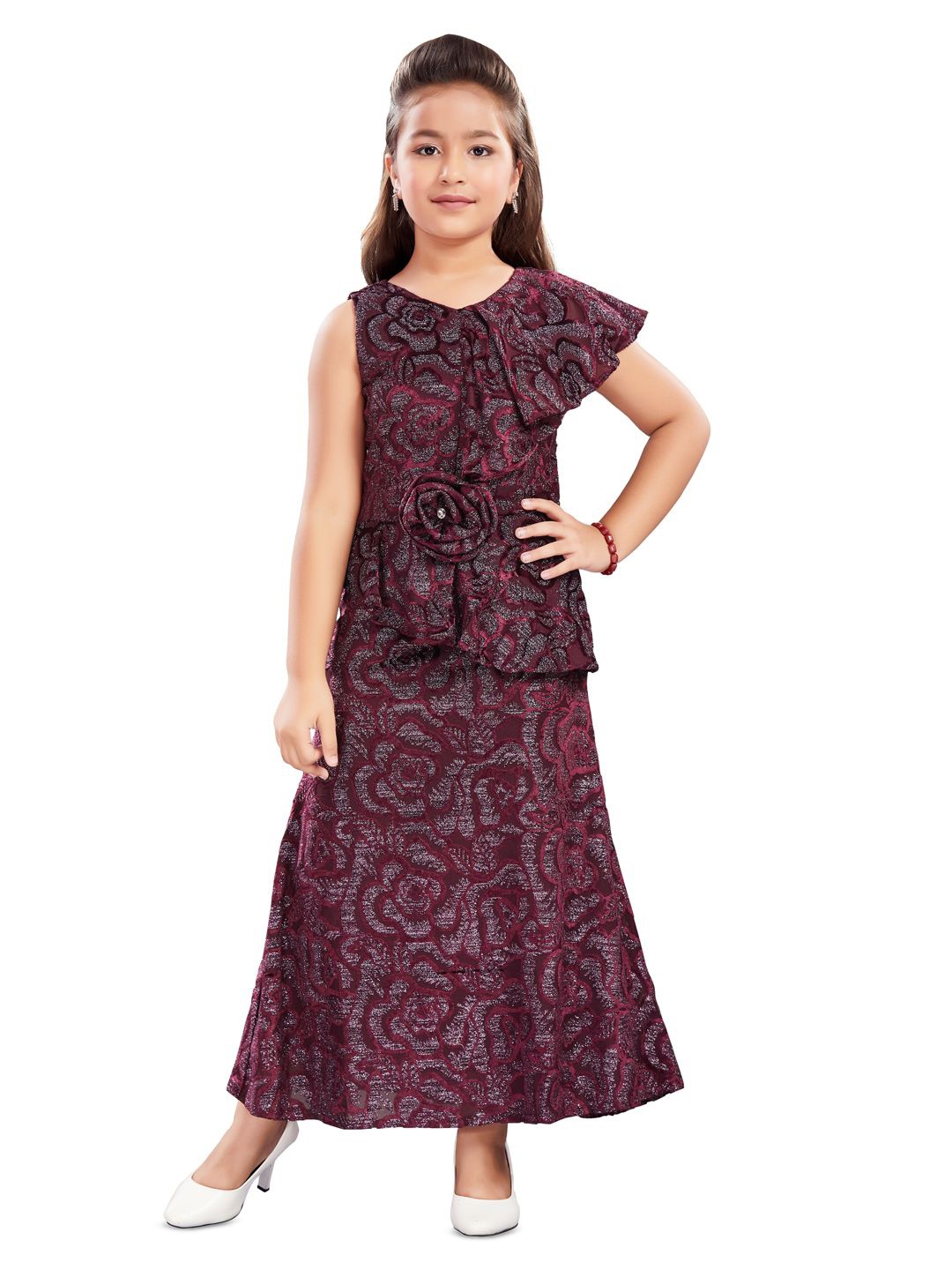 

Lei-Chie Girls Printed Flared Sleeve Maxi Dress, Maroon