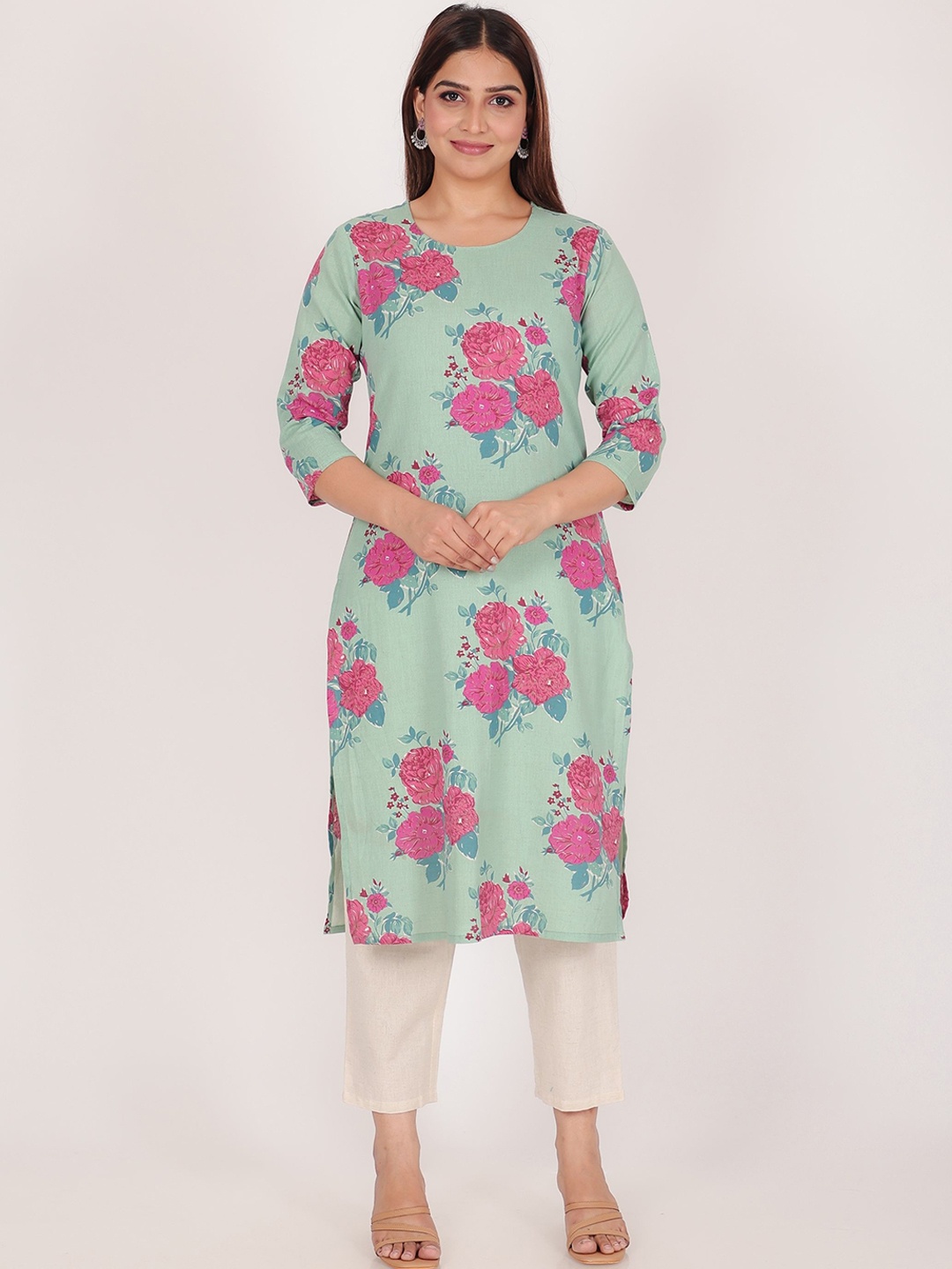 

Aramya Floral Printed Round Neck Linen Cotton Straight Kurta, Green