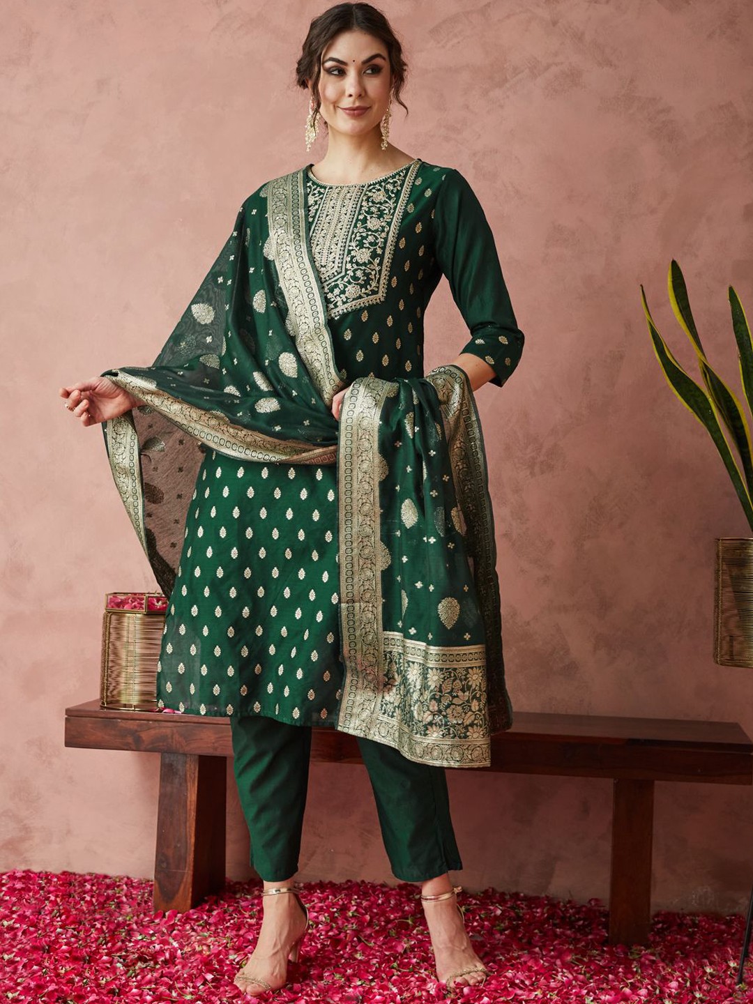 

KAVINDI Chanderi Silk Straight Kurta with Trousers & With Dupatta, Green