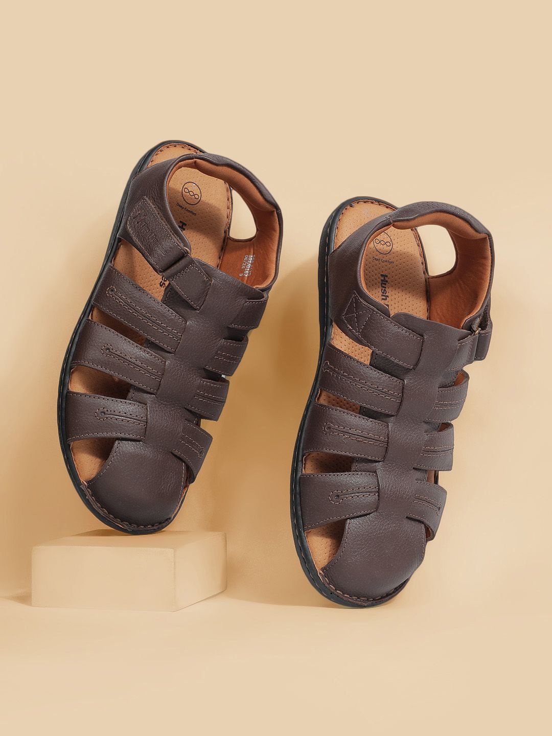 

Hush Puppies Men Solid Leather Gladiators Sandals, Brown