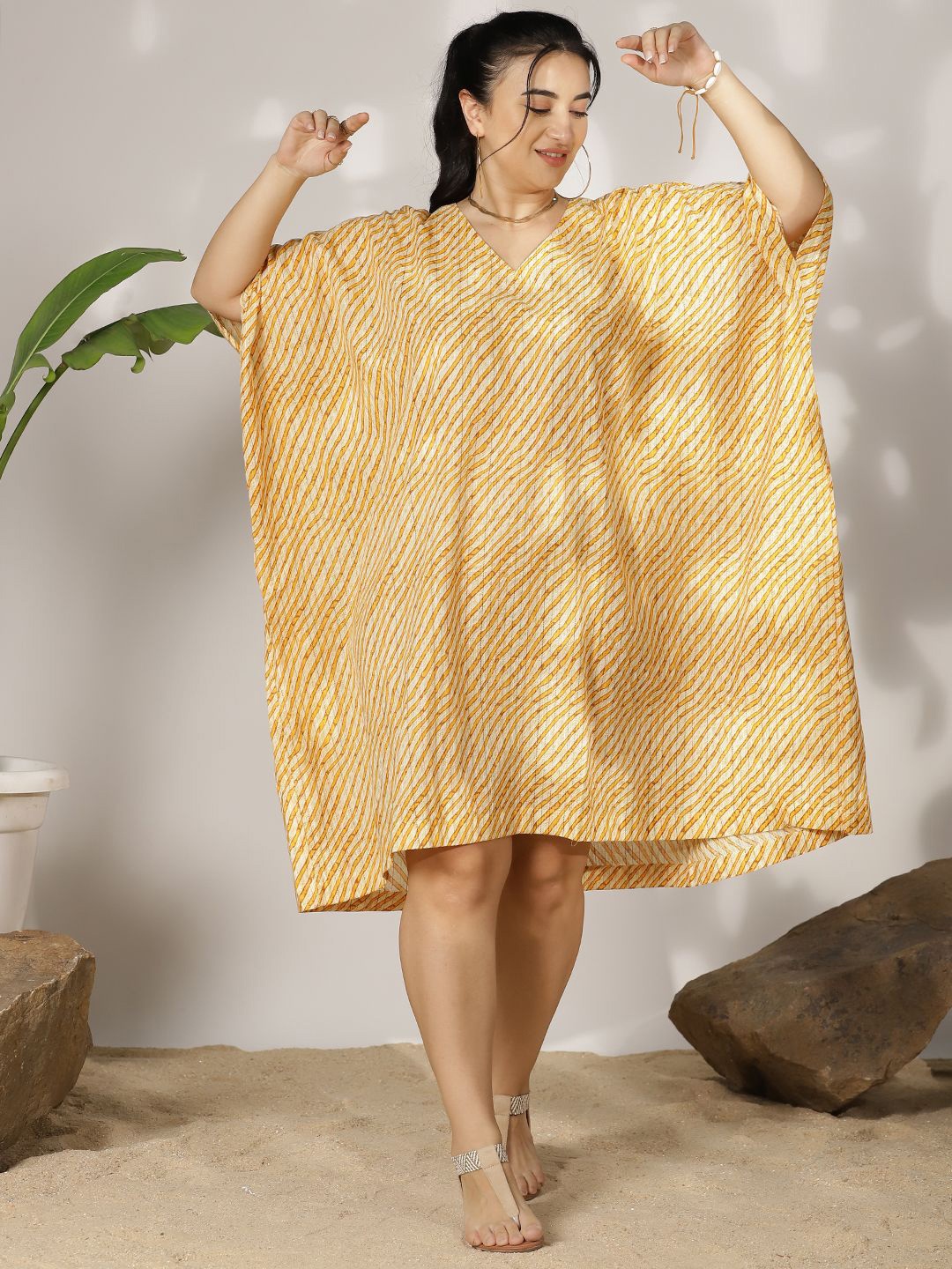 

LetsDressUp Women Striped Cotton Kimono Sleeve Kaftan Midi Dress, Yellow