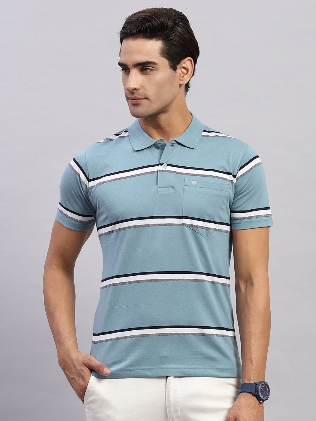 

Monte Carlo Men Striped Polo Collar Cotton T-shirt, Blue