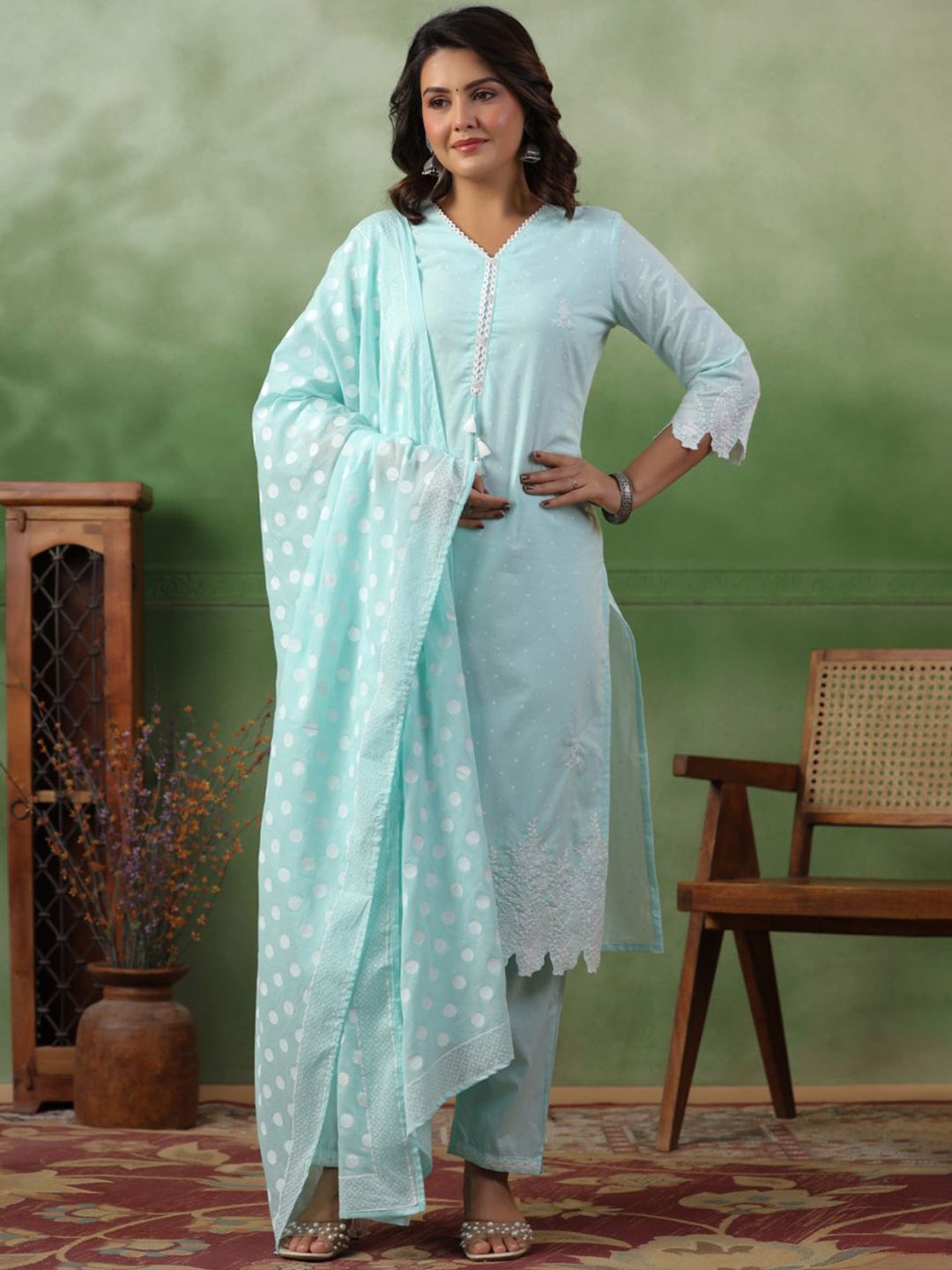 

Kiana Paisley Embroidered Pure Cotton Straight Kurta With Trousers & Dupatta, Turquoise blue