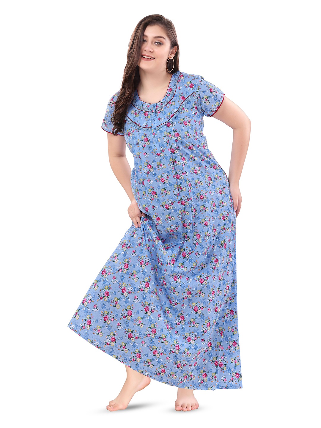 

Soulemo Women Pure Cotton Printed Maxi Nightdress, Blue