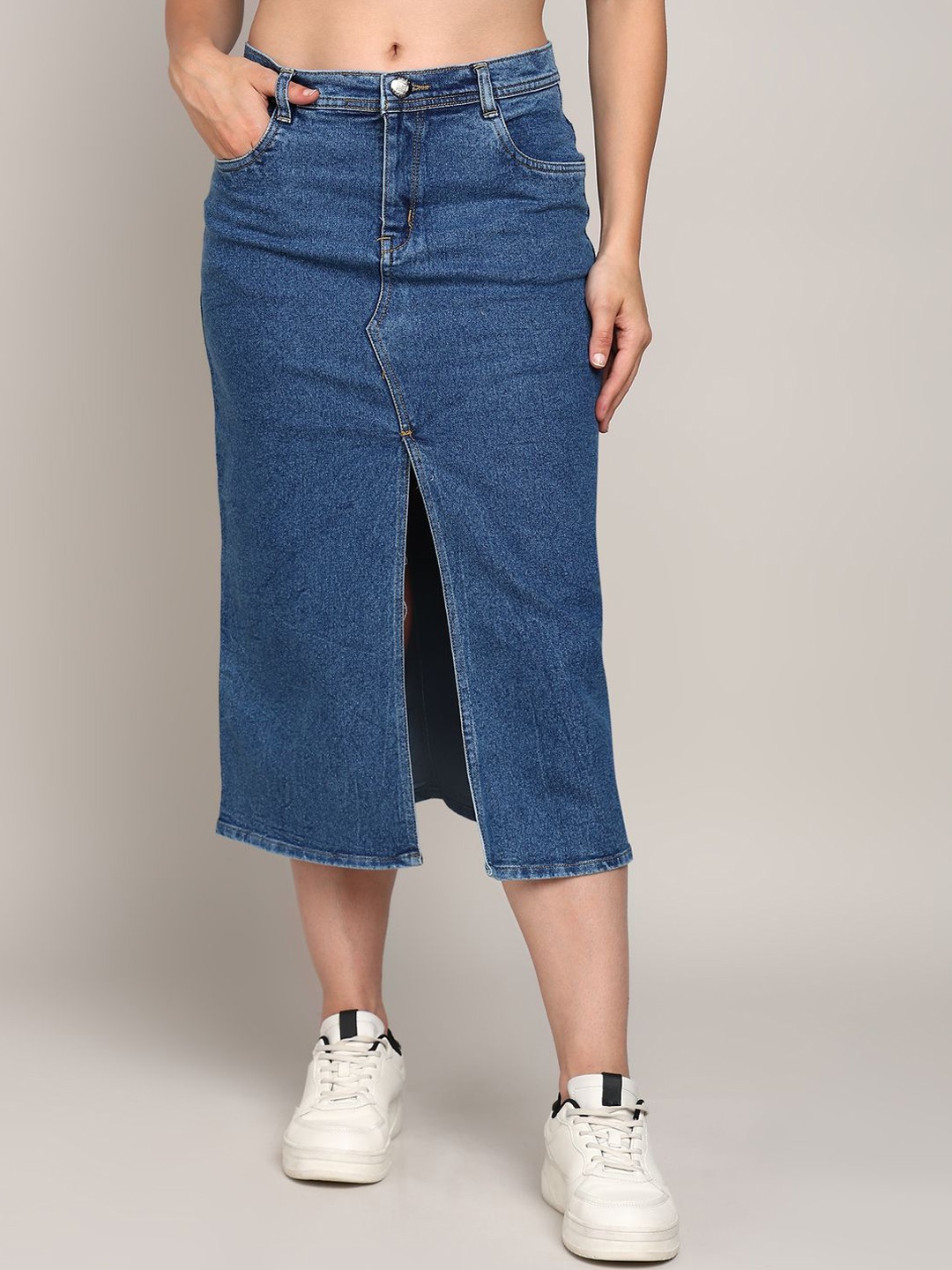 

Nifty Straight Midi Denim Skirt, Blue