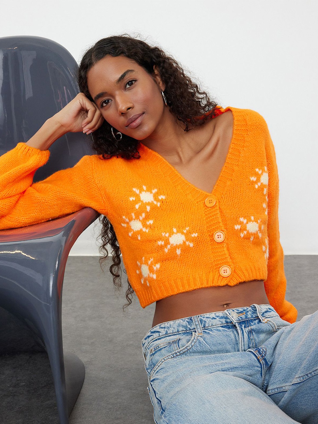 

Trendyol Women Floral Printed Crop Pullover, Orange