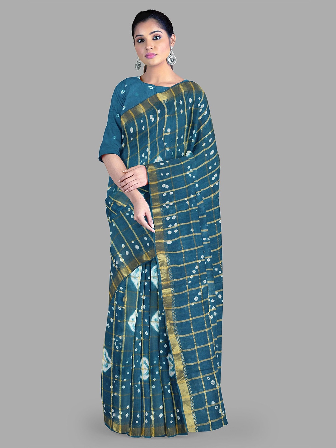 

The Chennai Silks Checked Zari Pure Cotton Chanderi Saree, Blue