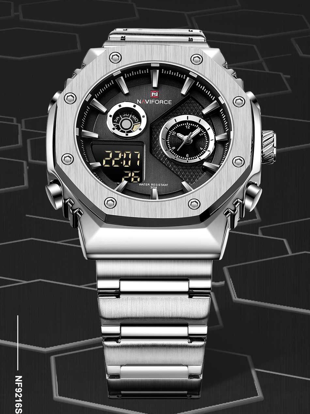 

Naviforce Men Brass Dial & Stainless Steel Straps Analogue and Digital Multi Function Watch NF9216S SB, Silver