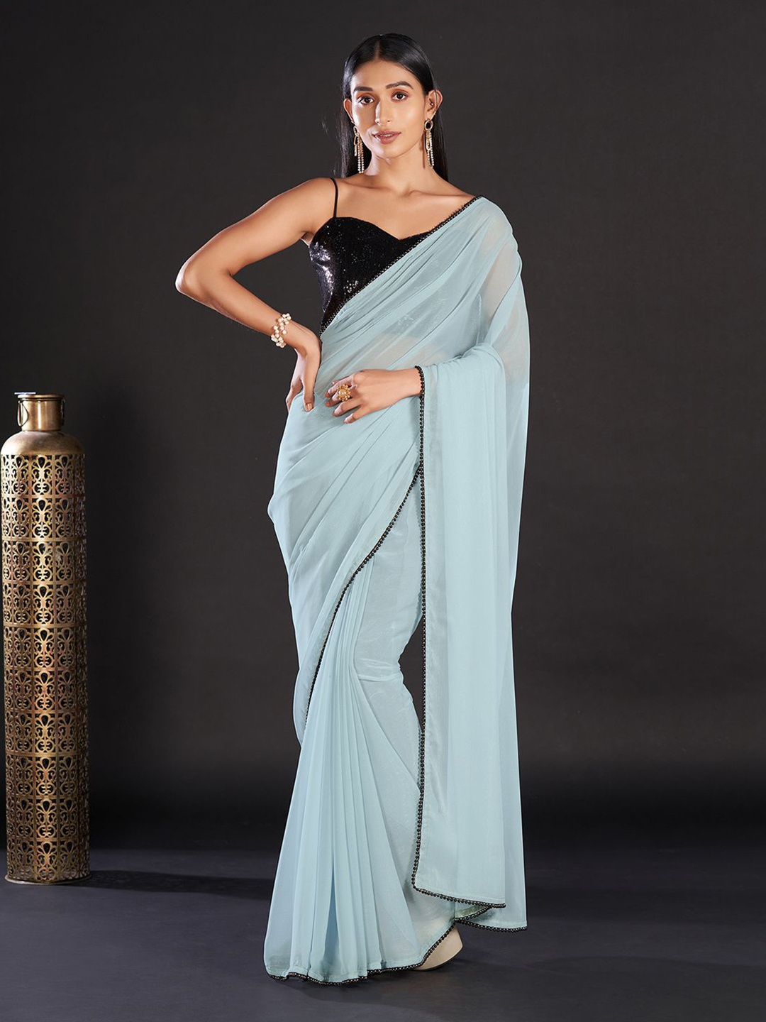 

KALINI Embellished Solid Saree with Matching Blouse, Blue