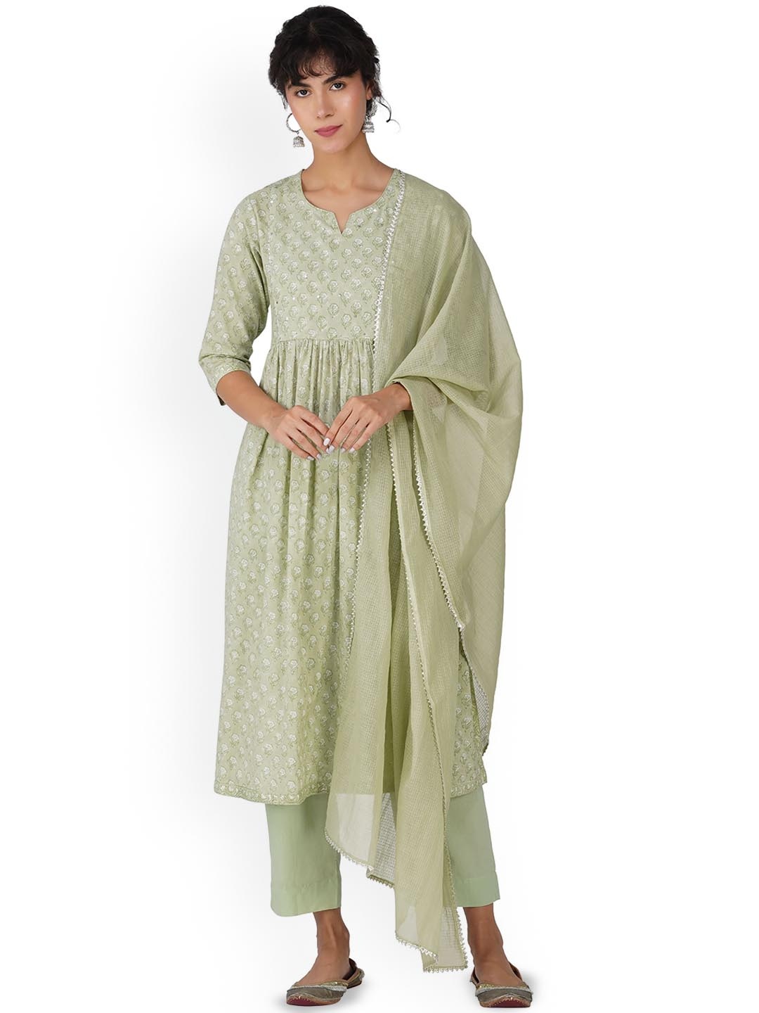 

KAHVA Floral Printed Notch Neck Sequinned Pure Cotton Kurta with Trousers & Dupatta, Green