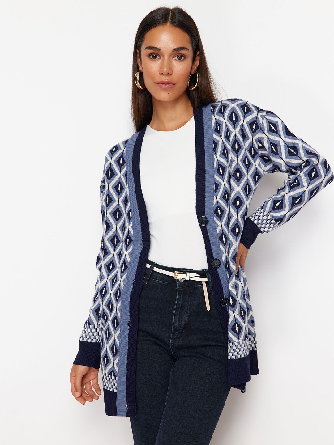 

Trendyol Women Printed Longline Cardigan, Navy blue