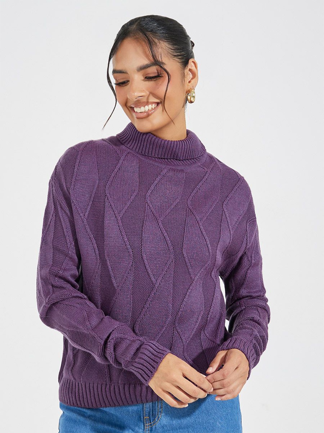 

Styli Women High Neck Boxy Fit Sweater, Purple