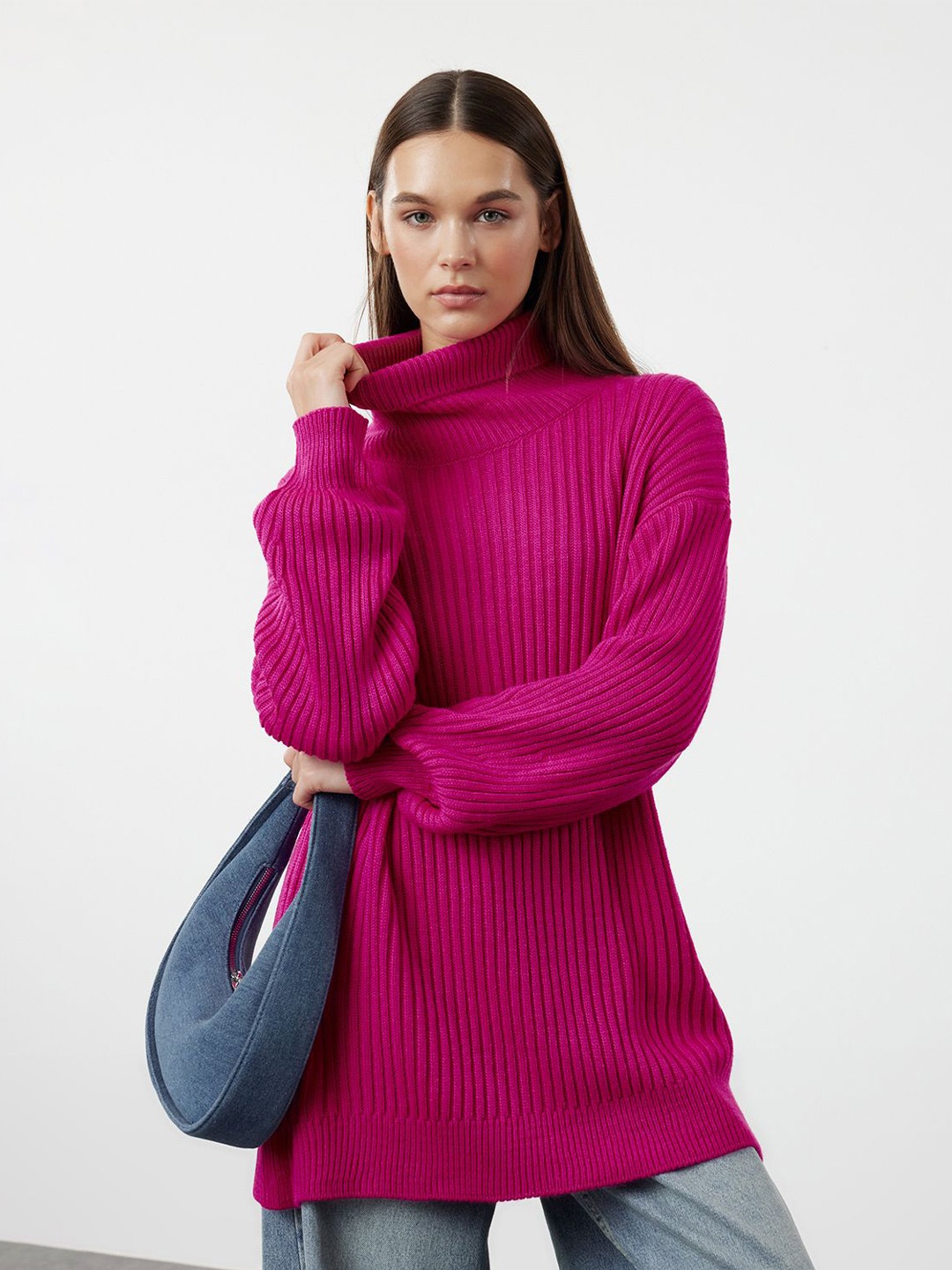 

Trendyol Women Striped Longline Pullover, Pink