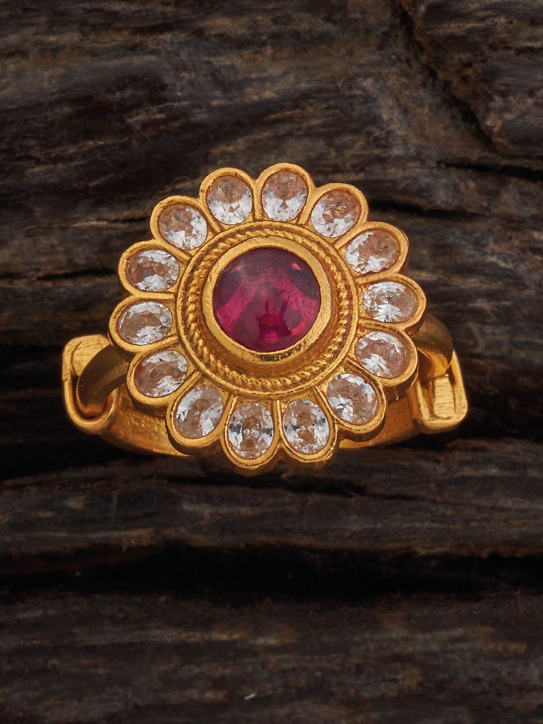 

Kushal's Fashion Jewellery 92.5 Pure Silver Gold Plated Ruby Studded Temple Finger Ring