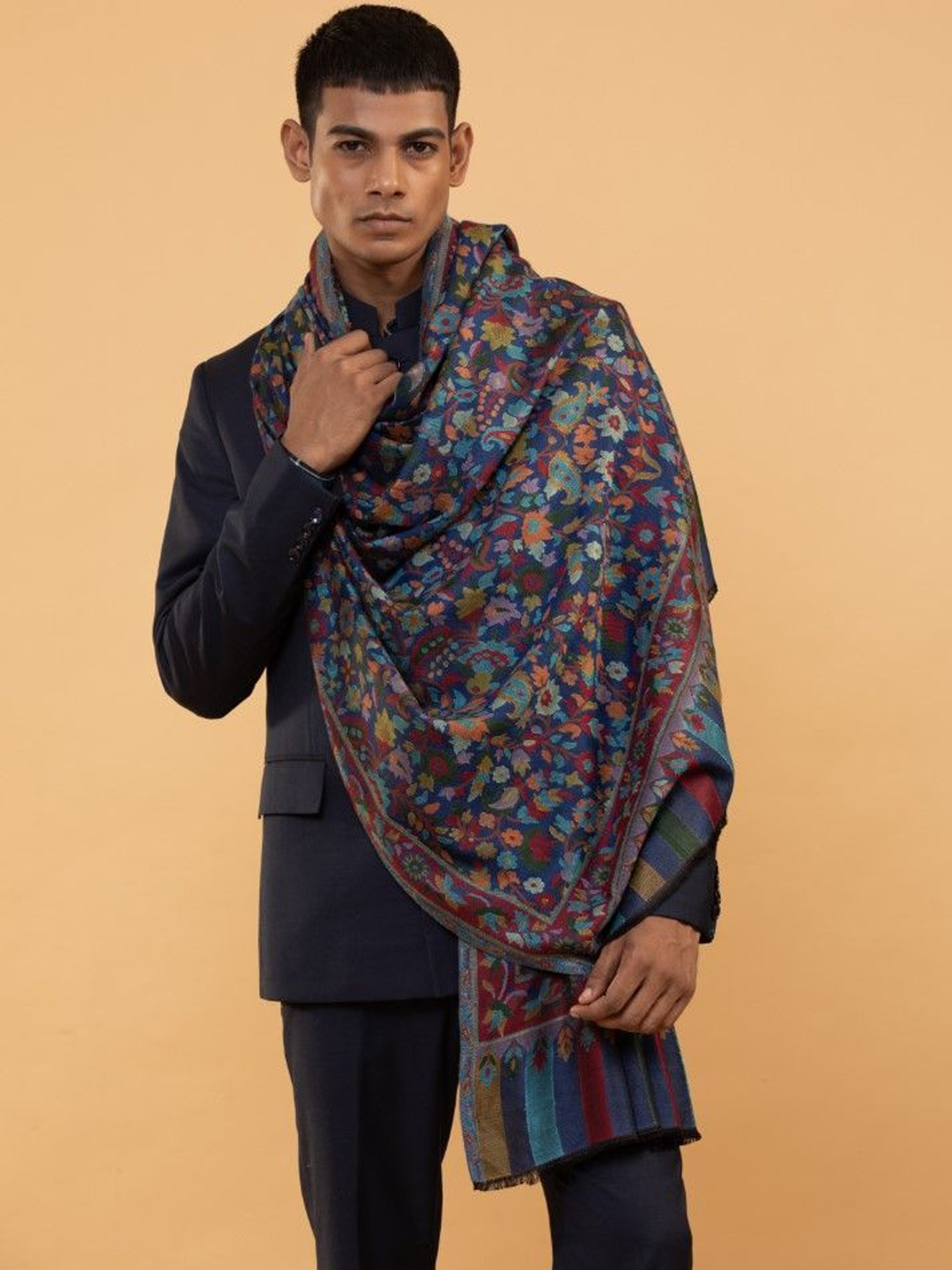 

MODARTA Floral Woven Design Reversible Woolen Shawl, Navy blue