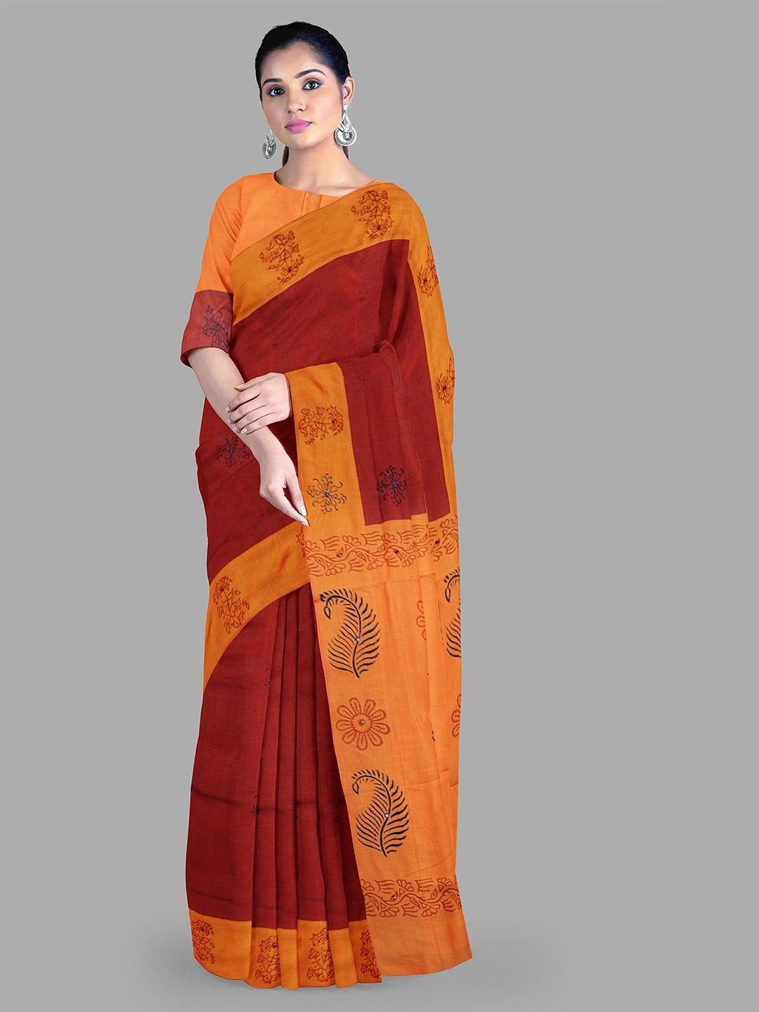 

The Chennai Silks Mirror Work Ethnic Motif Block Print Saree, Maroon