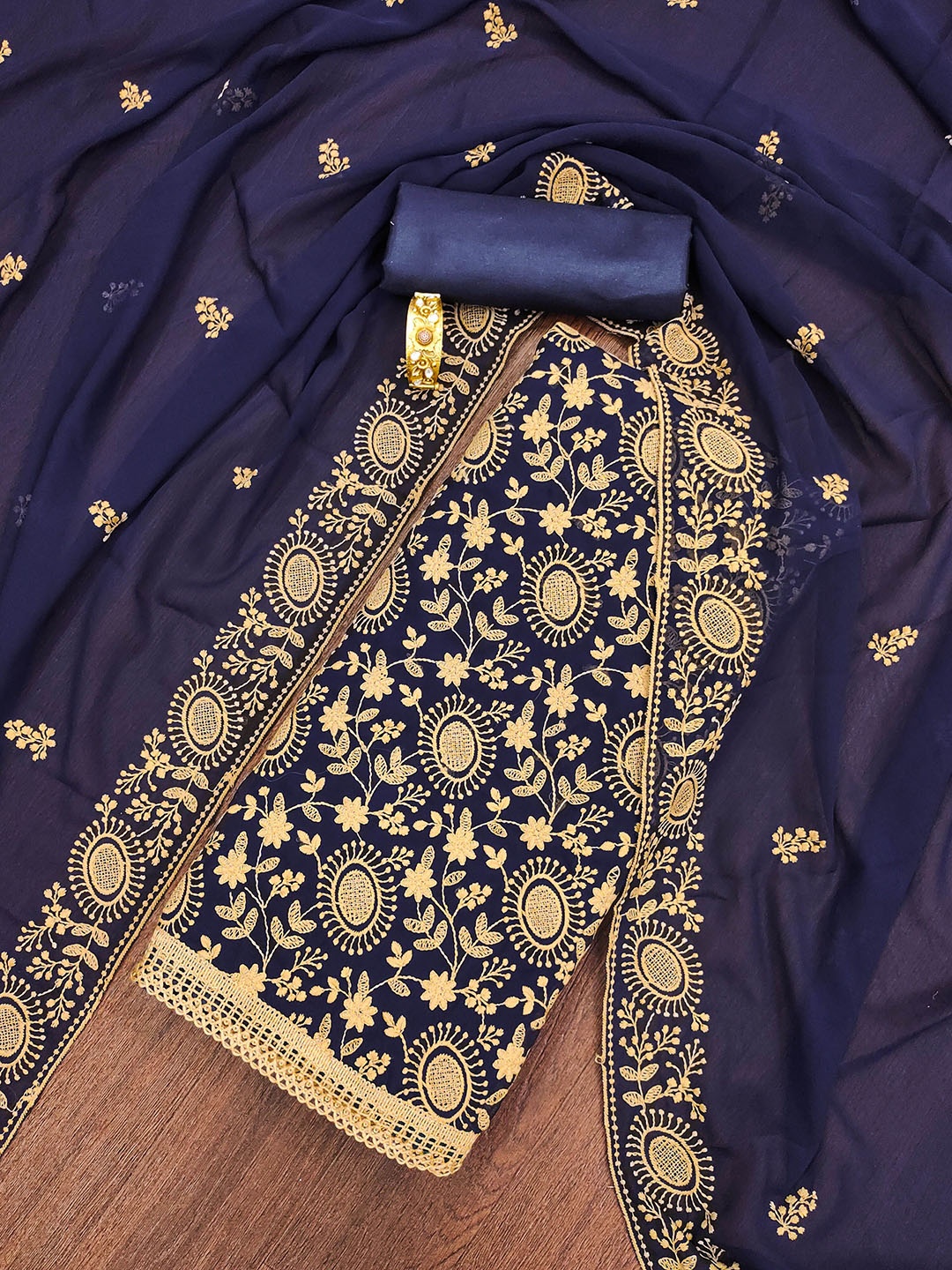 

Ishin Floral Embroidered Zari Silk Georgette Unstitched Dress Material, Navy blue