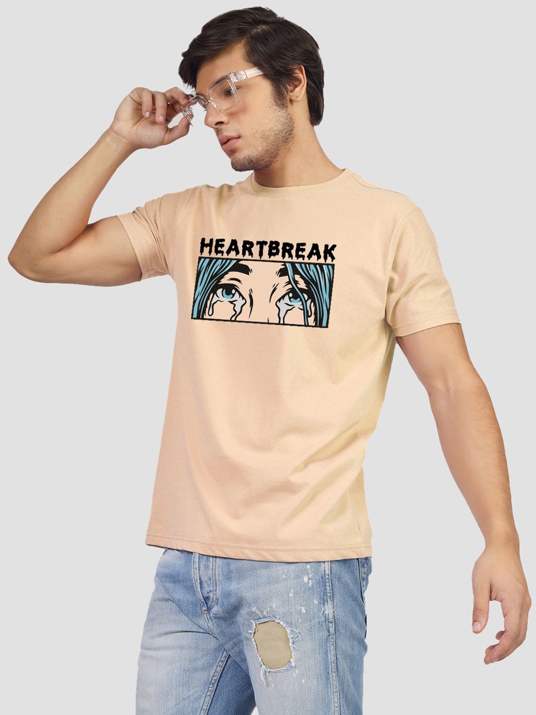 

Greylongg Men Graphic Printed Round Neck Cotton T-shirt, Beige