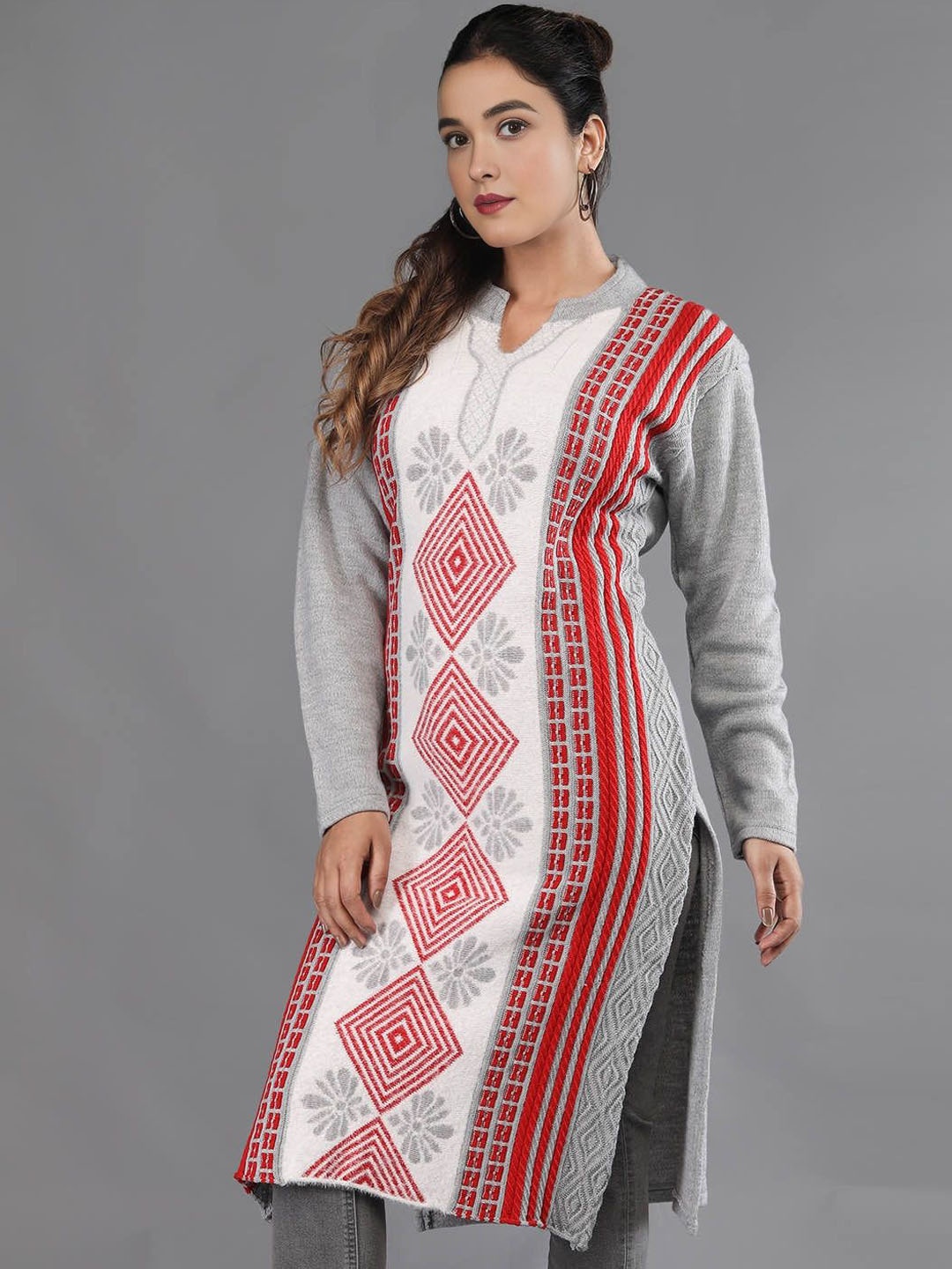 

TYSORT Geometric Woven Design Woollen Straight Kurta, Red