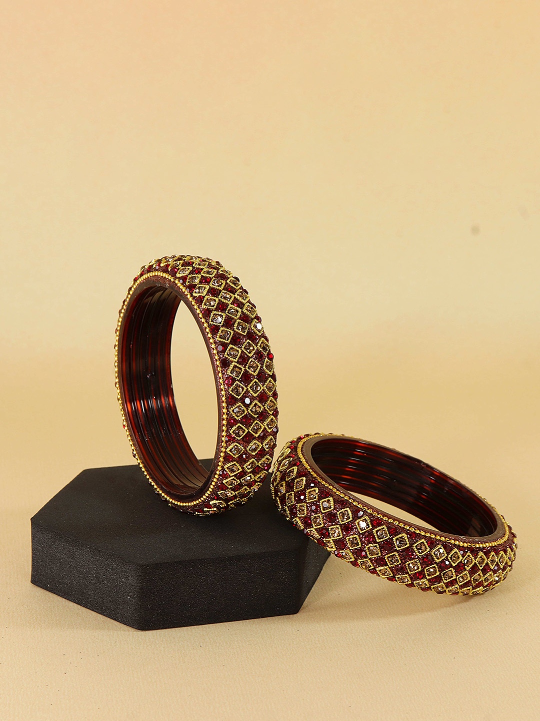 

NMII Set Of 2 Gold-Plated AD-Studded Bangles, Maroon