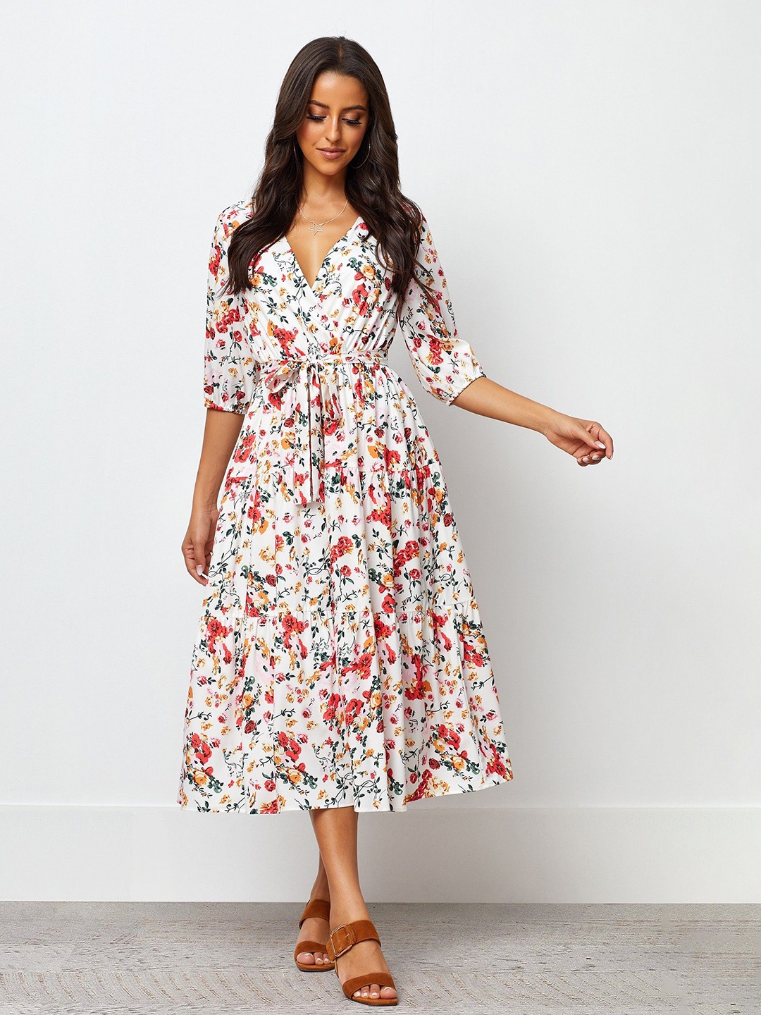 

TIRA Floral Printed Fit And Flared Midi Dress, White