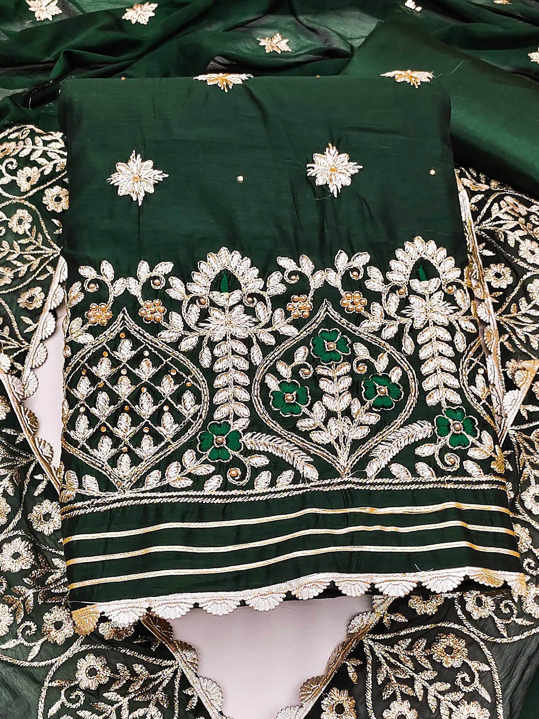 

Ishin Floral Embroidered Beads and Stones Unstitched Dress Material, Green