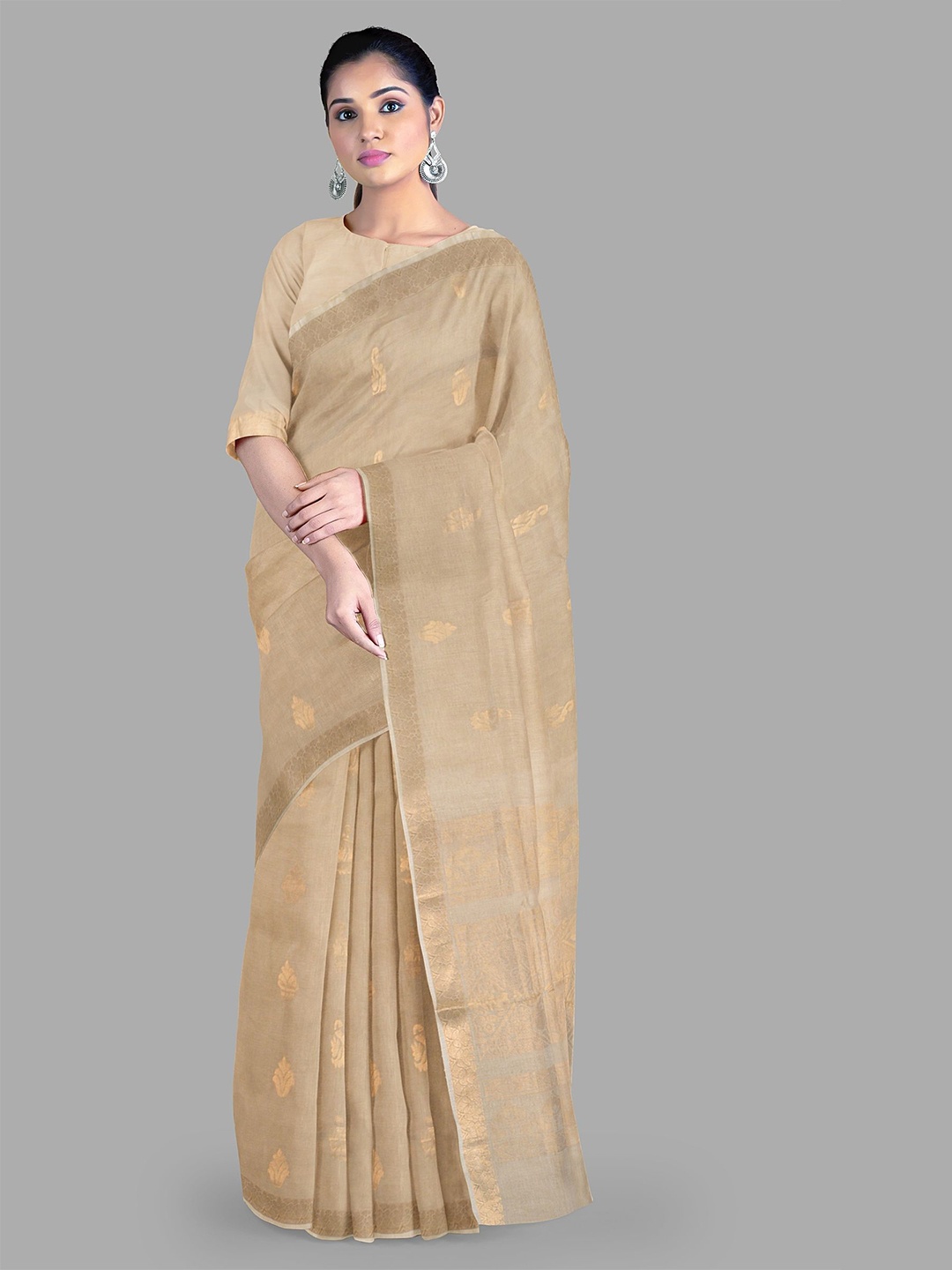 

The Chennai Silks Ethnic Motifs Woven Design Zari Pure Cotton Kovai Saree, Beige