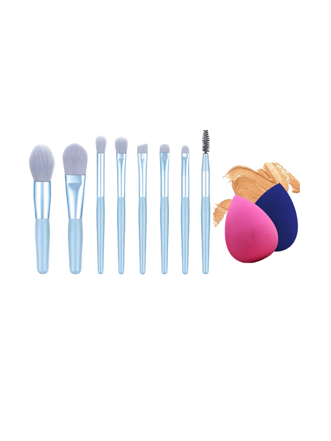 

zemglam Set Of 8 Mini Makeup Brushes With 2 Beauty Blender Puffs, Blue