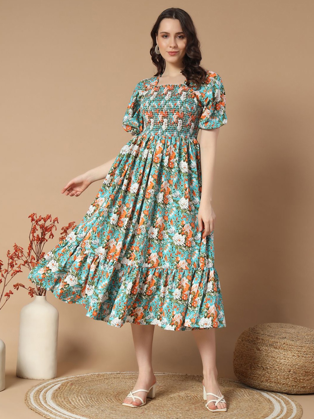 

OTABU Floral Printed Smocked Detail Fit & Flare Midi Dress, Blue