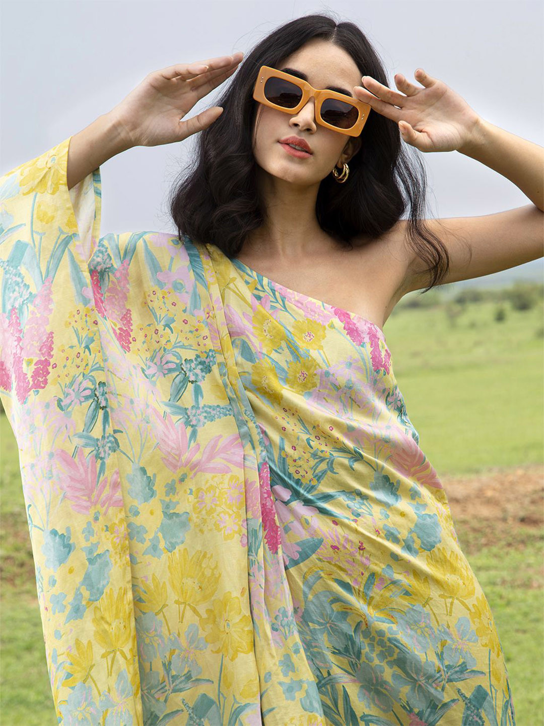 

HOUSE OF SOI Floral Print One Shoulder Crepe Maxi Dress, Yellow