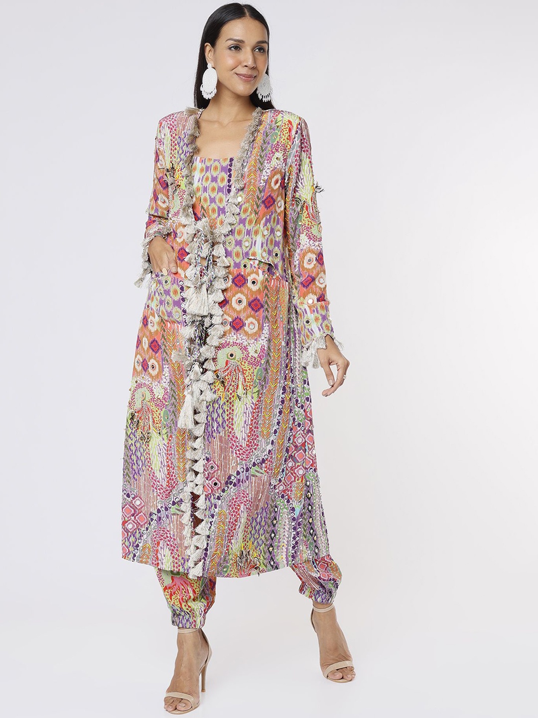 

Payal Singhal Printed Embroidered Jacket With Bustier & Jogger Pant Co-Ords, Purple