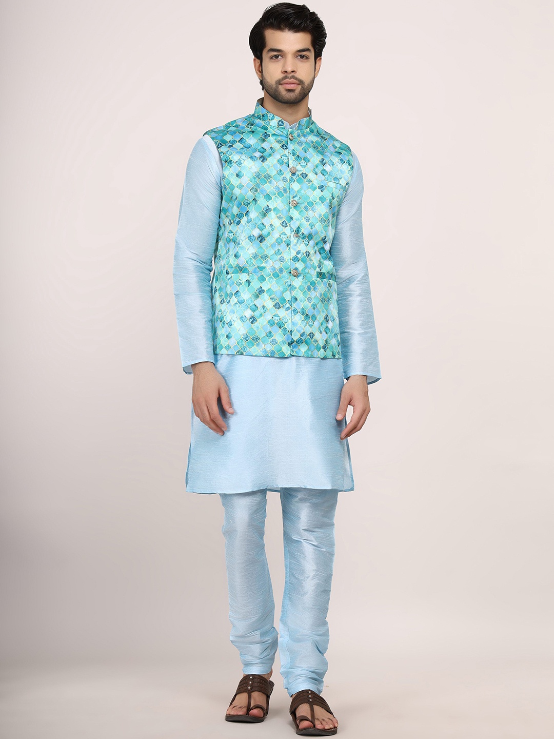 

Sadree Mandarin Collar Regular Kurta With Churidar & Printed Nehru Jacket, Blue