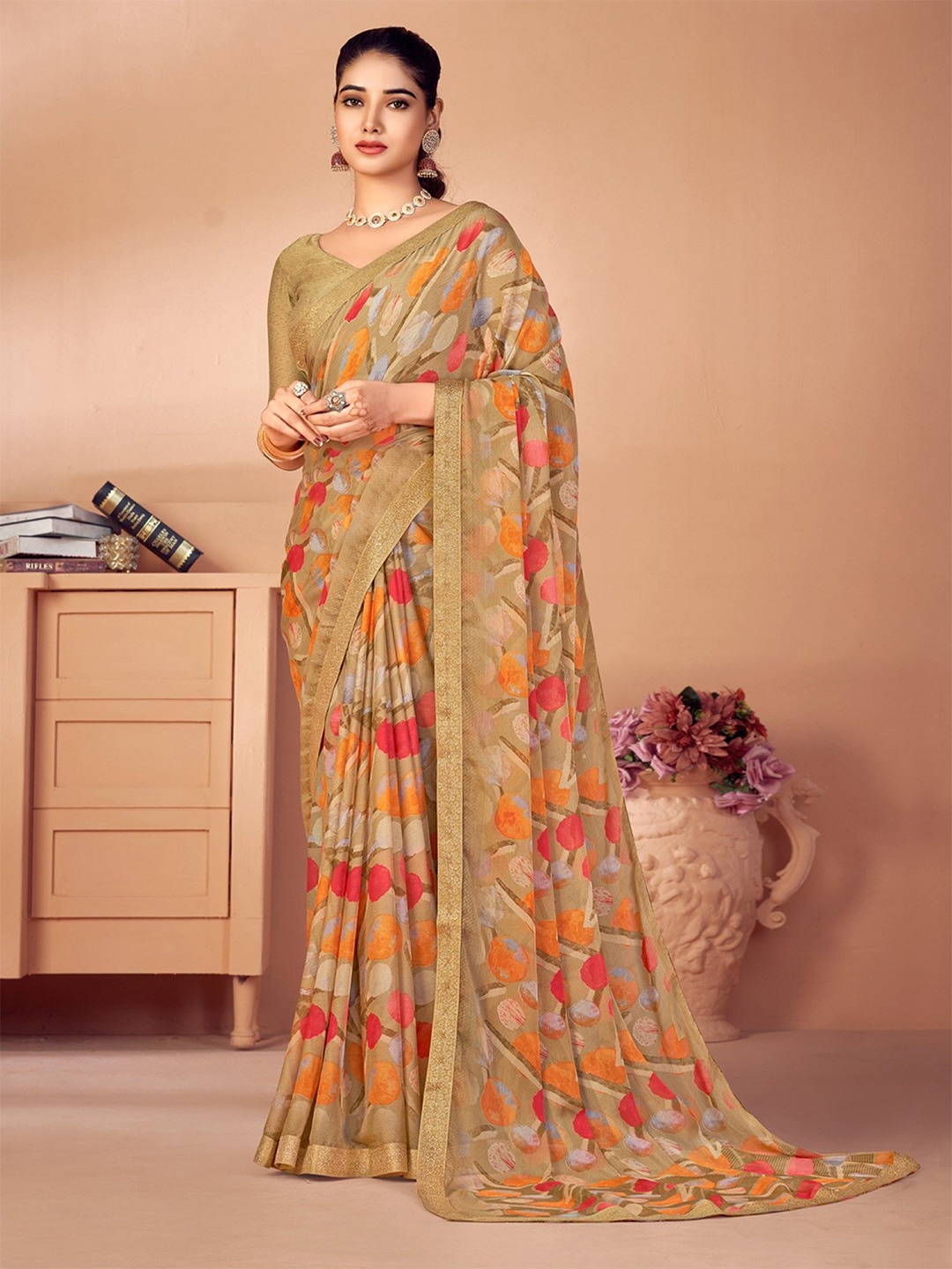 

KALINI Abstract Printed Saree With Zari Border, Brown