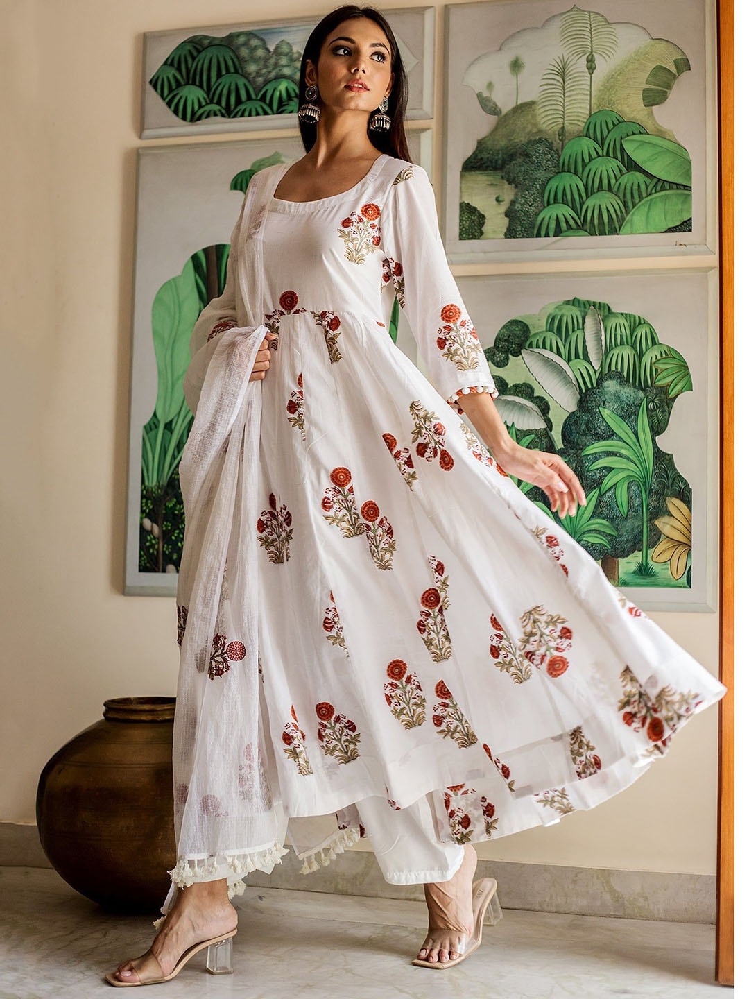 

GulaboJaipur Floral Printed Empire Pure Cotton Anarkali Kurta With Pyjamas & Dupatta, White