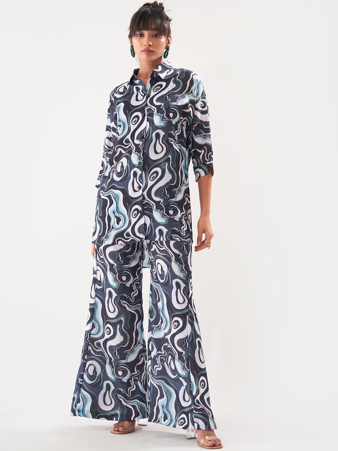

BOONS n PERKKS Abstract Printed Shoulder Straps Top & Shirt With Trousers, Navy blue